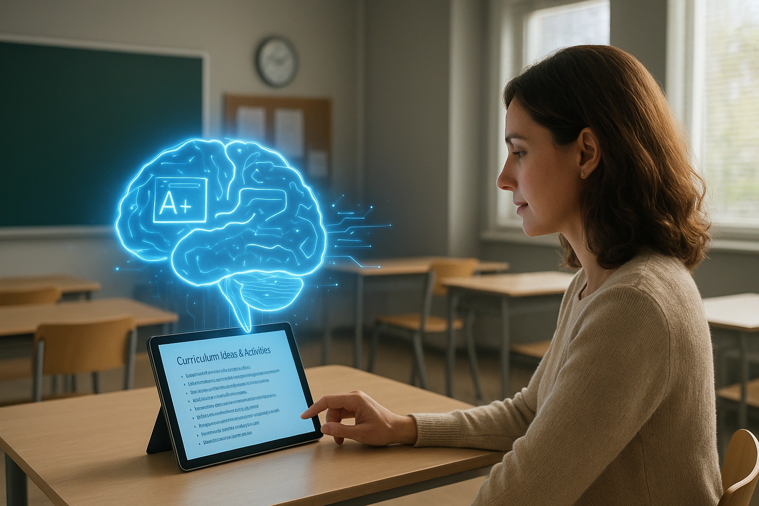 A realistic 169 image of a teacher in a modern classroom using AI to generate lesson plans, with a digital assistant and a glowing brain icon intertwined with books and chalkboards, symbolizing AI-assisted tea